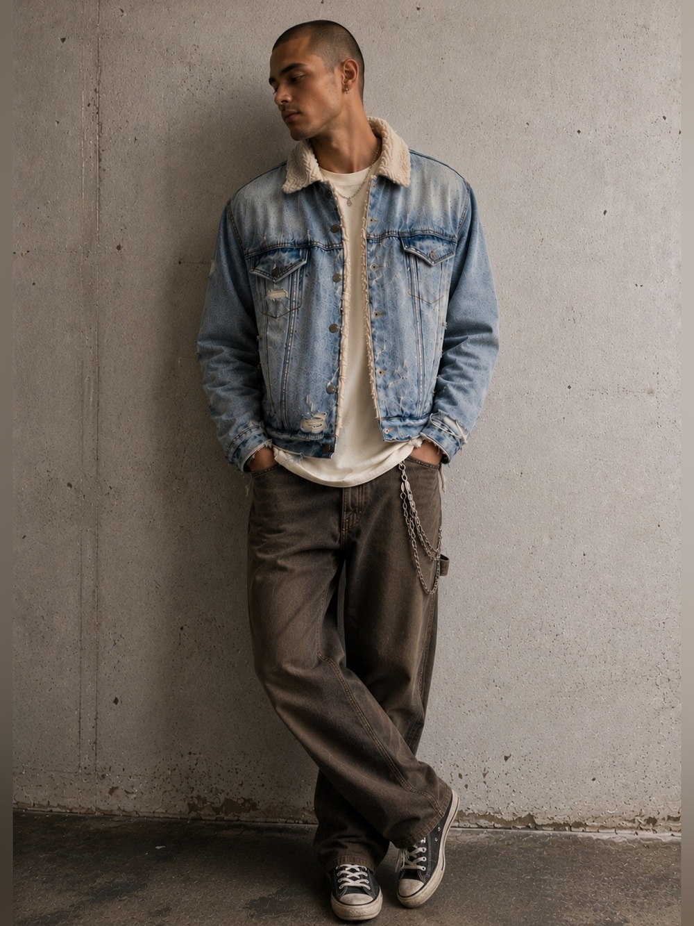 MNML Sherpa Lined Blue Denim Distressed Trucker Jean Jacket 90s grunge style S